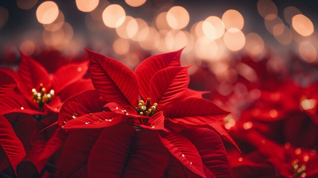 a close up of a bunch of red poinsettias with bright lights in the background and a blurry image of the top of the poinst of the poins.