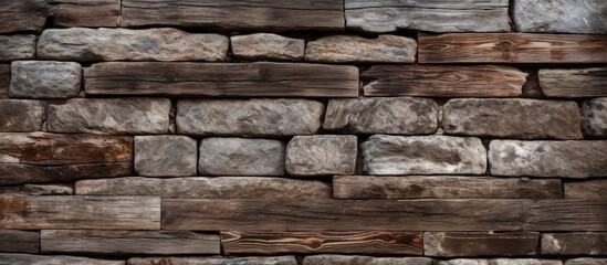 Ancient masonry texture with wooden beam on stone background