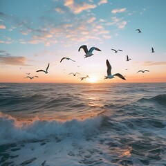 Beautiful sunset with flock of seagulls flying over the sea. Seagulls in the clouds of blue sky. Seagull flying in the blue sky. A seagull is flying in the sky.