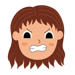 Angry girl face. Little annoyed kid clipart. Mad person emotion. Rage emotional expression head close-up. Feeling concept vector illustration