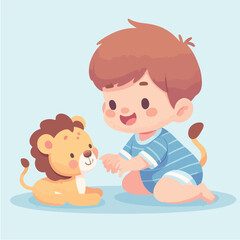 A flat vector kids' Illustration of a cute baby playing with a baby lion