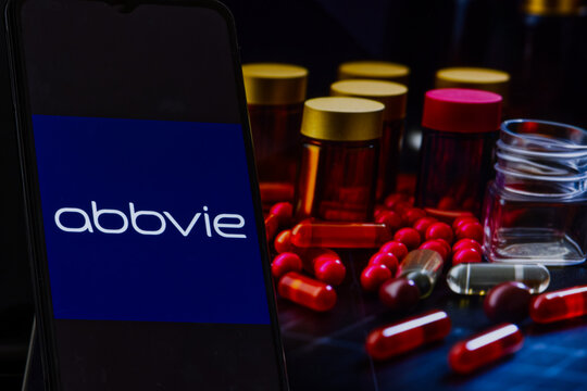 Abbvie company logo on screen of smartphone against blurred background of drugs. USA, November 15, 2023
