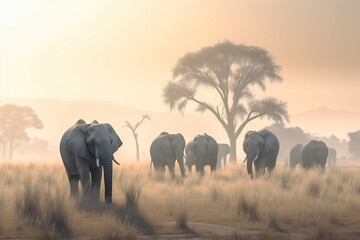 A herd group of a family of African elephants on the Savanah prairie at sunset. AI generated.