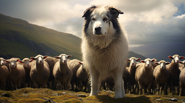 Dog shepherd guarding sheep