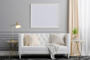 Poster frame mockup interior design in light soft colors, white sofa. AI generated.