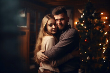 Fototapeta premium A young married couple in love hugs and kisses romantically. AI generated.