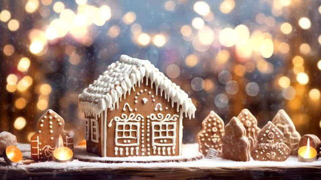 Animated snow, background lights and candles. Gingerbread house. One minute of loop video
