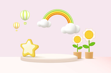 3D rendering podium kid style with colorful pastel background, clouds and weather with space for kids or baby product.