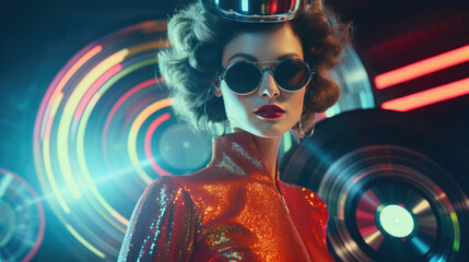 Fashion retro futuristic in surrealistic 60s-70s disco club culture life style