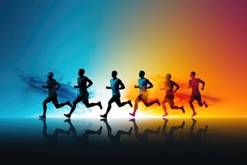 Runners silhouette achieving fast speed isolated on a gradient background 