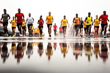 Runners reflection in a puddle during a rainy race isolated on a white background 