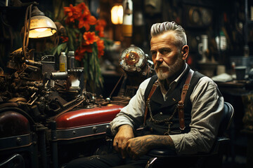 Obraz premium Hairdressing salon barbershop for men's beard care, beautiful stylish hipster haircut. AI generated.