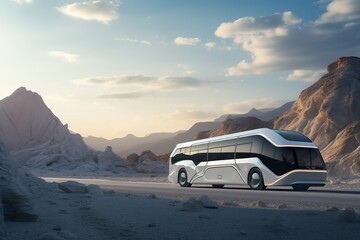 Realistic image of a gray futuristic bus on the road. Travel and transportation technology. - obrazy, fototapety, plakaty
