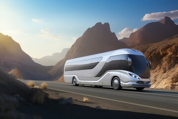 Fototapeta premium Realistic image of a gray futuristic bus on the road. Travel and transportation technology.