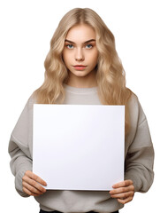 Bourne hair teen girl holds a blank paper sign. Portrait american woman holding a sign. Isolated on a transparent background.