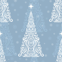 Seamless pattern of decorative Christmas tree, star, openwork snowflake. Hand drawn ornamental holiday elements. Happy New Year vector illustration for greeting card, wallpaper, wrapping paper, fabric