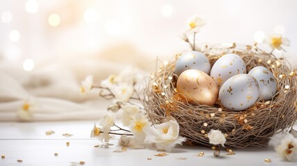 Fototapeta na wymiar Easter eggs decorated with flowers in a decorative nest. Spring background. Happy Easter card template