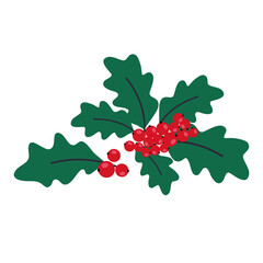 Christmas holly with green leaves, red berries. Happy New Year holly berry icon, floral elements for winter holidays, Christmas symbol. Hand drawn vector illustration on white background