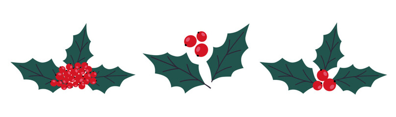 Set of Christmas holly with green leaves, red berries. Happy New Year holly berry icon, floral elements for winter holidays, Christmas symbol. Hand drawn vector illustration on white background