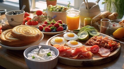 Close-up of breakfast with scrambled eggs and bacon.