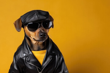 Serious dog in black leather jacket, sunglasses and flat cap on yellow background with copy space - obrazy, fototapety, plakaty