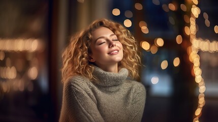 Portrait of a young beautiful happy dreamy woman with curly hair in a warm sweater looks to the side and smiles