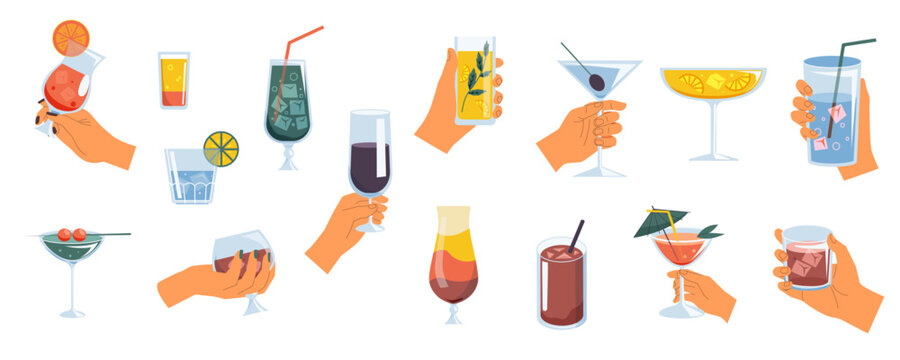 Hands with alcohol drinks. Woman holding cocktail glasses with wine, whisky and gin, man hands with martini. Alcohol beverage vector set
