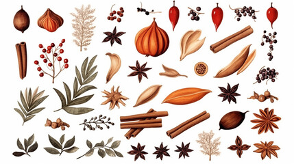 Set of watercolor autumn spices elements - obrazy, fototapety, plakaty