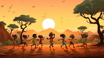 illustration of black kids dancing and chilling in village with sunset background Happy Spirits Celebrating Black Joy and Togetherness made with AI 