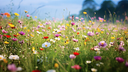 A beautiful, sun-drenched spring summer meadow. Natural colorful panoramic landscape with many wild flowers of daisies against blue sky. Soft selective focus.
