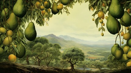 A scene showcasing an avocado orchard with ripe fruit hanging from trees, set against a textured background