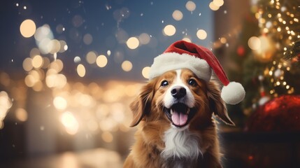 A cheerful dog in a Santa Claus hat, against the background in flickering garlands. Happy new year...