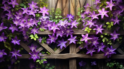 A clematis vine climbing a rustic wooden fence, its delicate, star-shaped flowers weaving a natural tapestry of color.