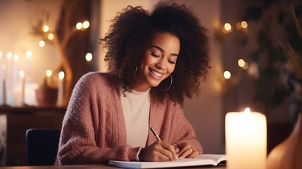Young happy woman planning, making a list of tasks for the next year in a cozy sweater at home - obrazy, fototapety, plakaty