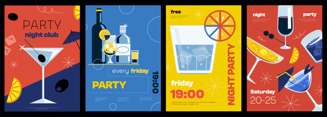 Fototapeta premium Cocktail party poster. Minimalist promotion cover with alcohol cocktail drinks, bar menu and garnish elements. Vector modern cover