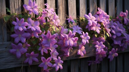 A clematis vine climbing a rustic wooden fence, its delicate, star-shaped flowers weaving a natural tapestry of color.