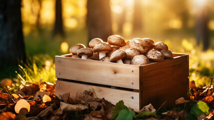 Porcini mushrooms in a wooden box on the blurred forest background. Generative AI
