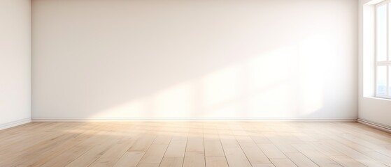 Empty studio room with wooden floor illuminated by sunlight. Minimalistic interior, free space for design - obrazy, fototapety, plakaty