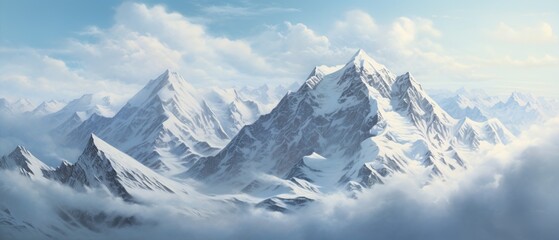 Beautiful panorama of snow-capped mountains in the clouds