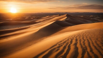 a desert with sand and wind blowing in the sun setting