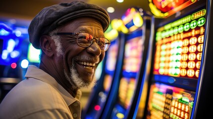 Happy afro american man playing slot machine in casino. Gambling theme - obrazy, fototapety, plakaty