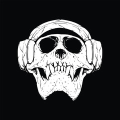 Monkey skull with headphones hand drawn vector illustration. Design element for shirt design, logo, sign, poster, banner, card. 