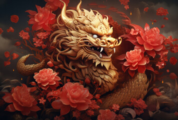 A Chinese dragon celebrating the Year of the Dragon in red, and gold colors, Generative AI