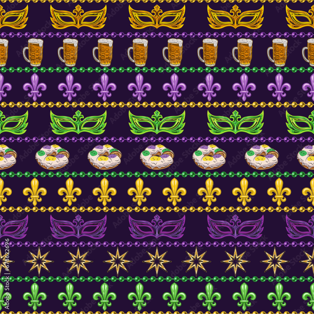 Poster mardi gras seamless pattern with holiday objects and symbols, strings of beads. geometric pattern wi