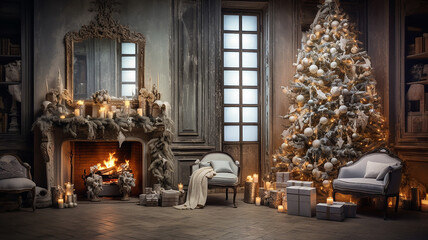 Christmas tree in living room with gifts and decoration