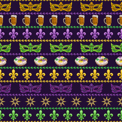 Mardi Gras seamless pattern with holiday objects and symbols, strings of beads. Geometric pattern with horizontal stripes on black background. Vintage illustration for prints, clothing, wrap. Not AI