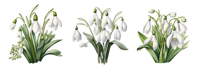 Illustration of snowdrops, set, isolated