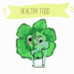 Vector cartoon funny character cute spinach character on a white background. Healthy food. 
Vegetarianism. Lettuce leaves. Sorrel.