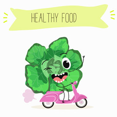 Vector cartoon funny character cute spinach character on a white background. Healthy food. 
Vegetarianism. Lettuce leaves. Sorrel.