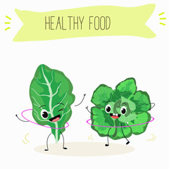 Vector cartoon funny character cute spinach character on a white background. Healthy food. 
Vegetarianism. Lettuce leaves. Sorrel.